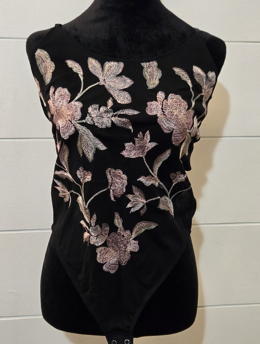 Embroidered Floral Black Bodysuit - Pink Floral Embroidery